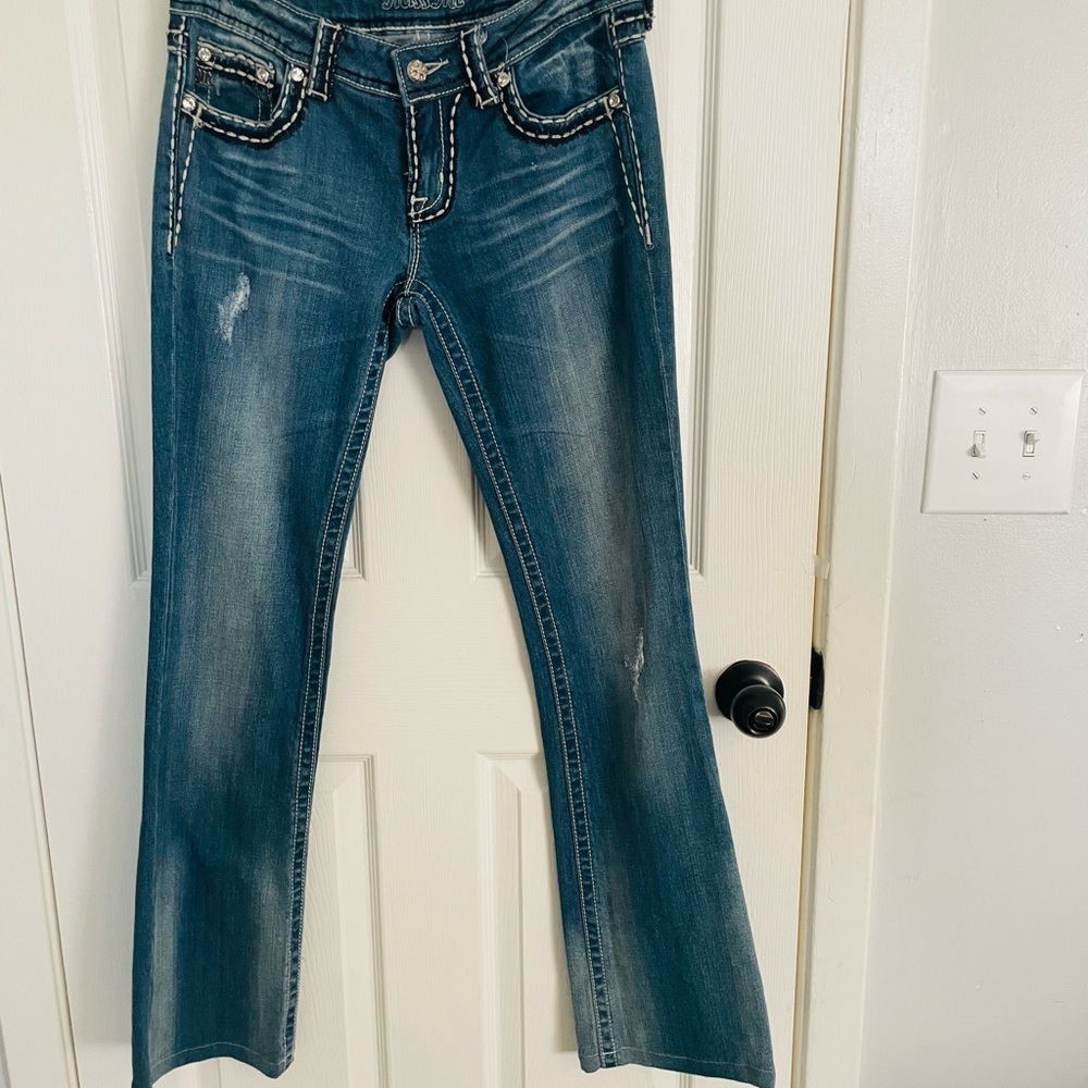 Miss Me Blue Flare Jeans with White Stitching